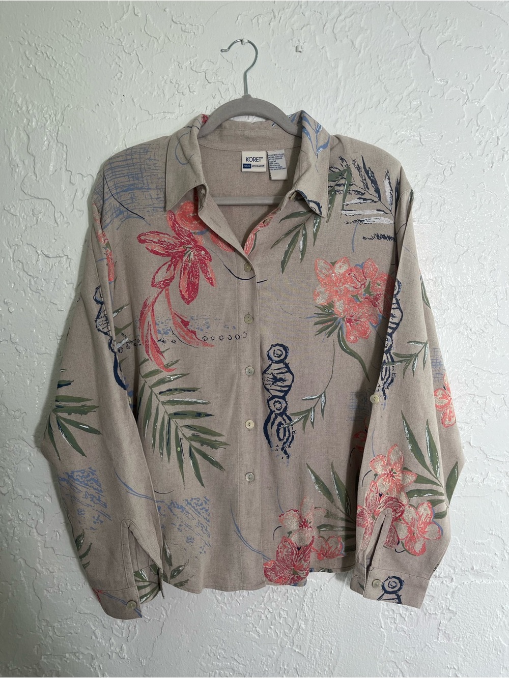 Koret Petite Linen Blend Floral Button Up Shirt Size M‎